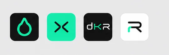 Four dropKULTXR app icons: the drop on charcoal, the X on Signal Mint, the dKR stamp on charcoal, and the R on white