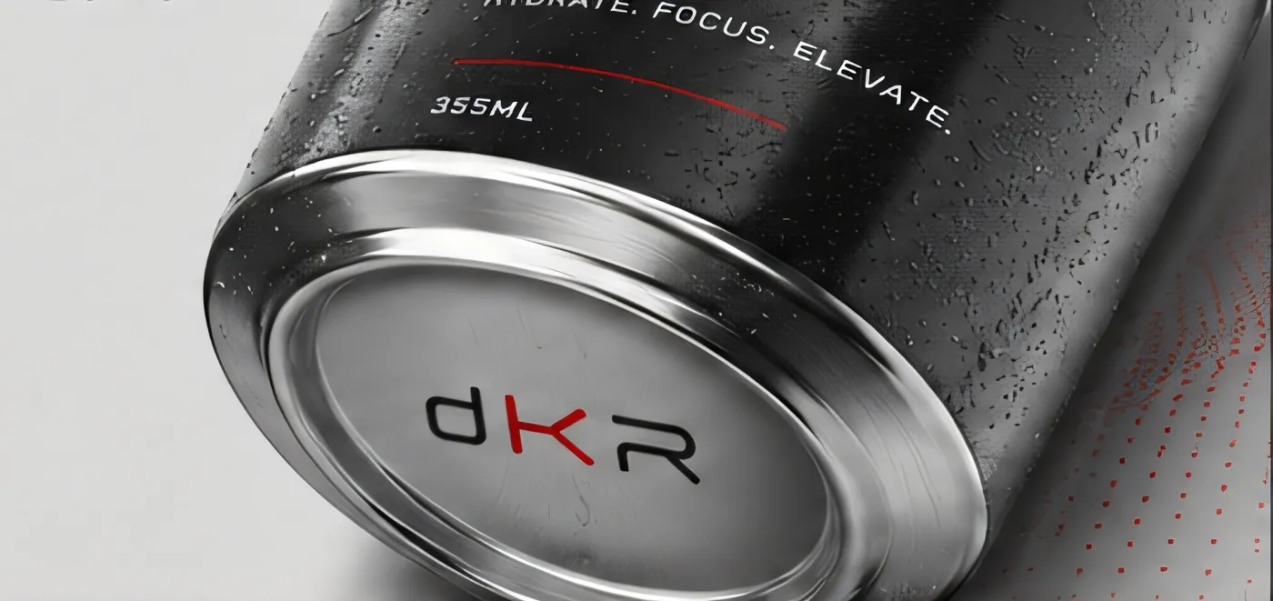 A brushed aluminium beverage can stamped with the dKR mark and the line HYDRATE. FOCUS. ELEVATE.