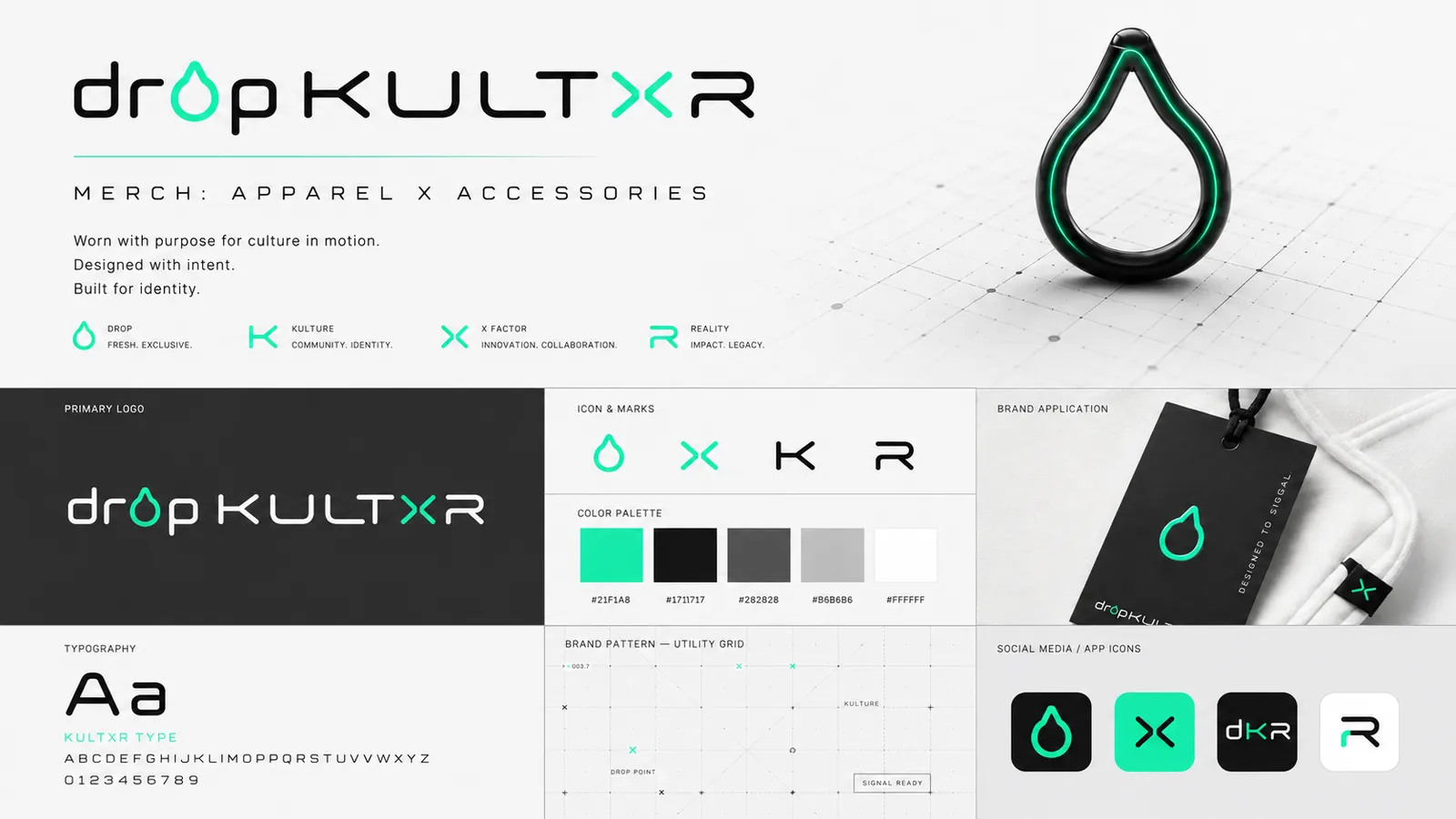 The dropKULTXR merch brand board: the wordmark, the drop, K, X and R marks, a Signal Mint and charcoal palette, the utility grid pattern and the apparel applications