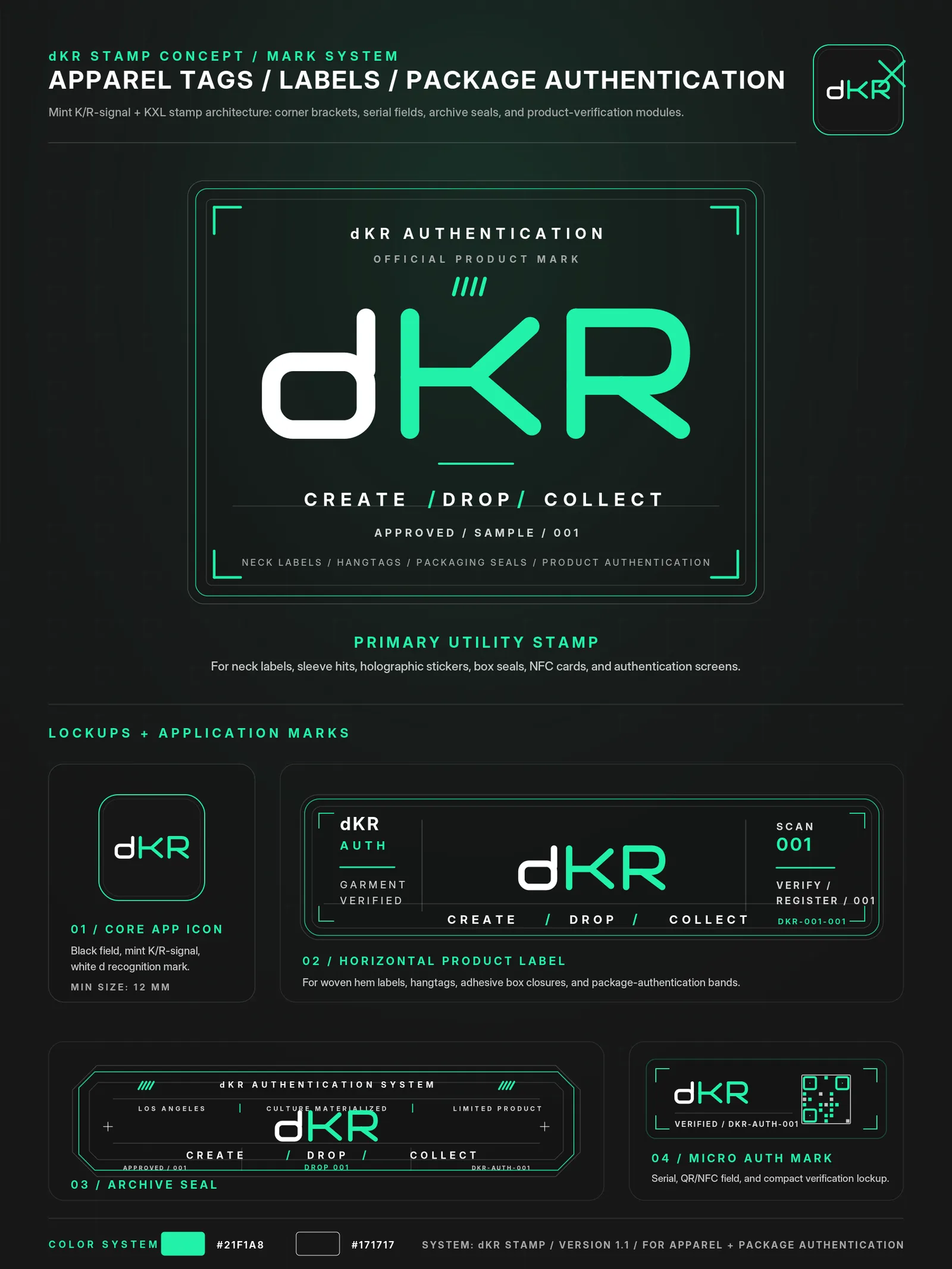 The dKR brand mark system board: the core mark, utility stamp, product label, archive seal and logotype in Signal Mint on charcoal