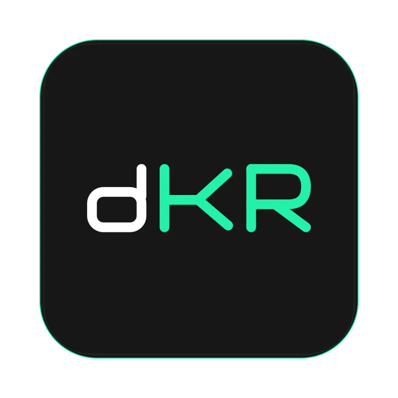 The dKR primary core mark: the dKR monogram on charcoal inside a rounded Signal Mint frame