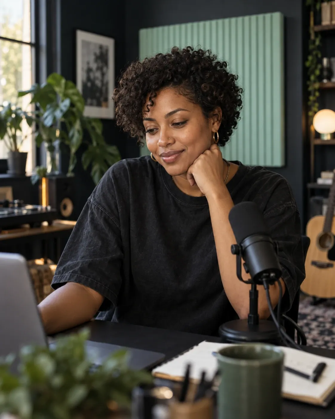 A creator in a black tee at a desk with a microphone and notebook, smiling at a laptop in a plant-filled studio