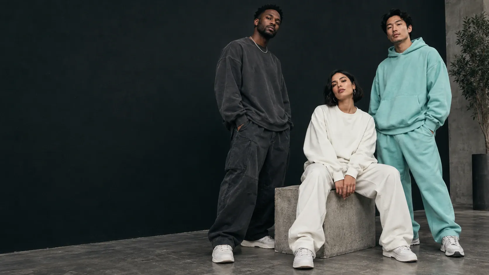 Three people in relaxed charcoal, bone and mint fleece sets, standing and seated on a concrete block against a dark studio wall