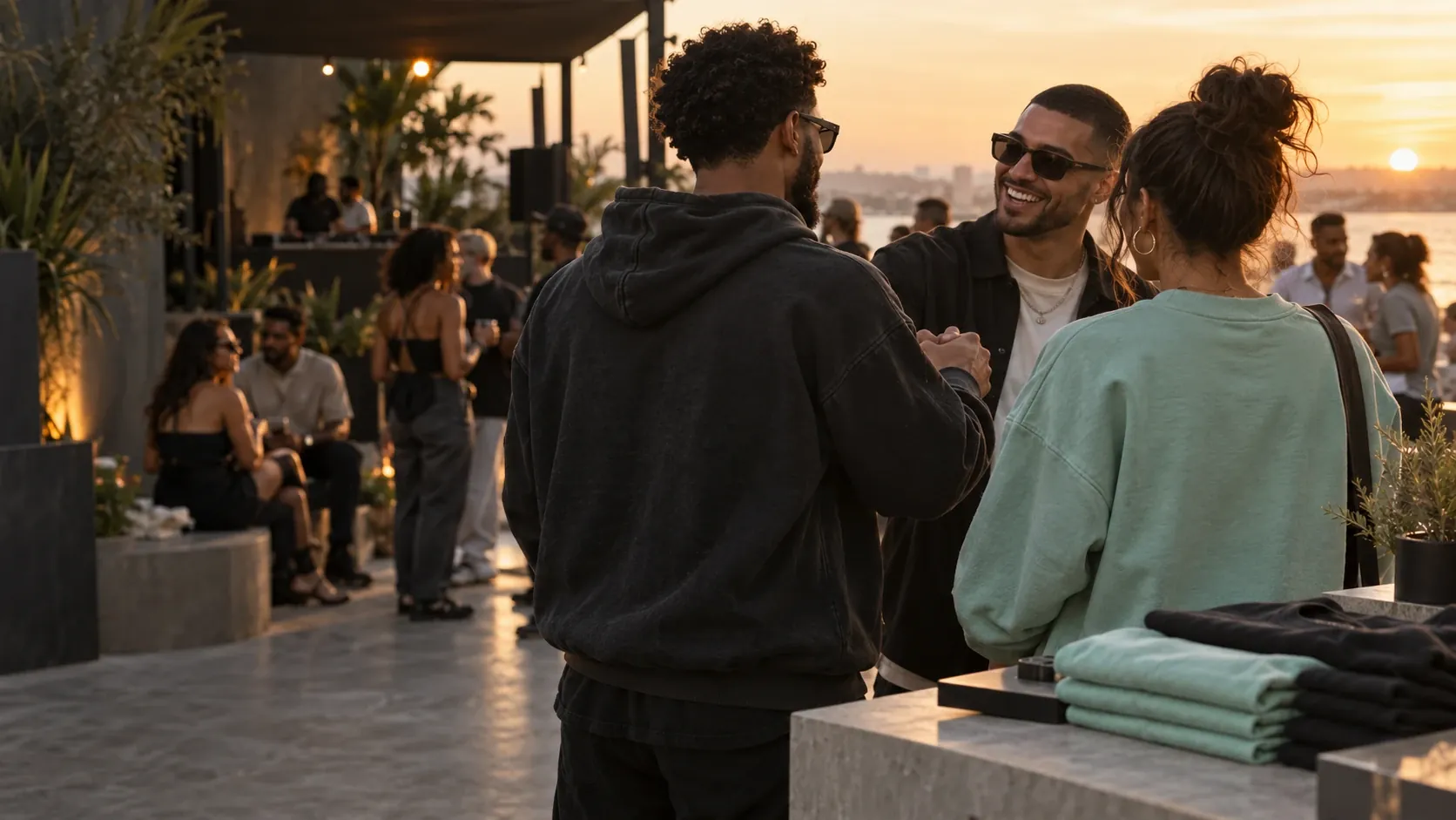 A rooftop event at sunset, guests in charcoal and mint hoodies talking beside a table of folded product