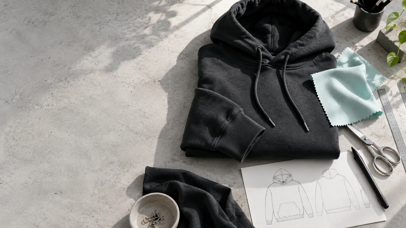 A design worktable: a black hoodie, a mint fabric swatch, scissors and flat garment sketches on concrete