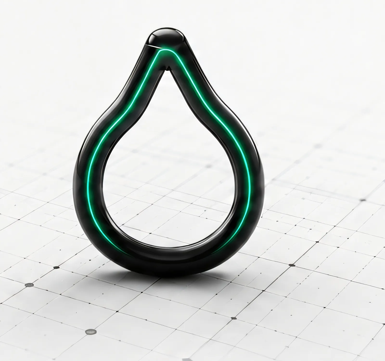 The dropKULTXR drop rendered as a physical object in black with a Signal Mint edge light, standing on a measured grid