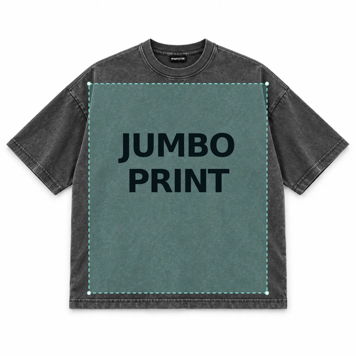 A washed charcoal T-shirt with an oversized mint dashed print area labelled jumbo print, running almost seam to seam and collar to hem