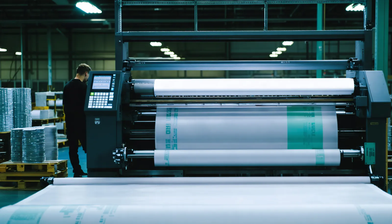 A print production floor, a wide-format printer mid-run with substrate racked behind it