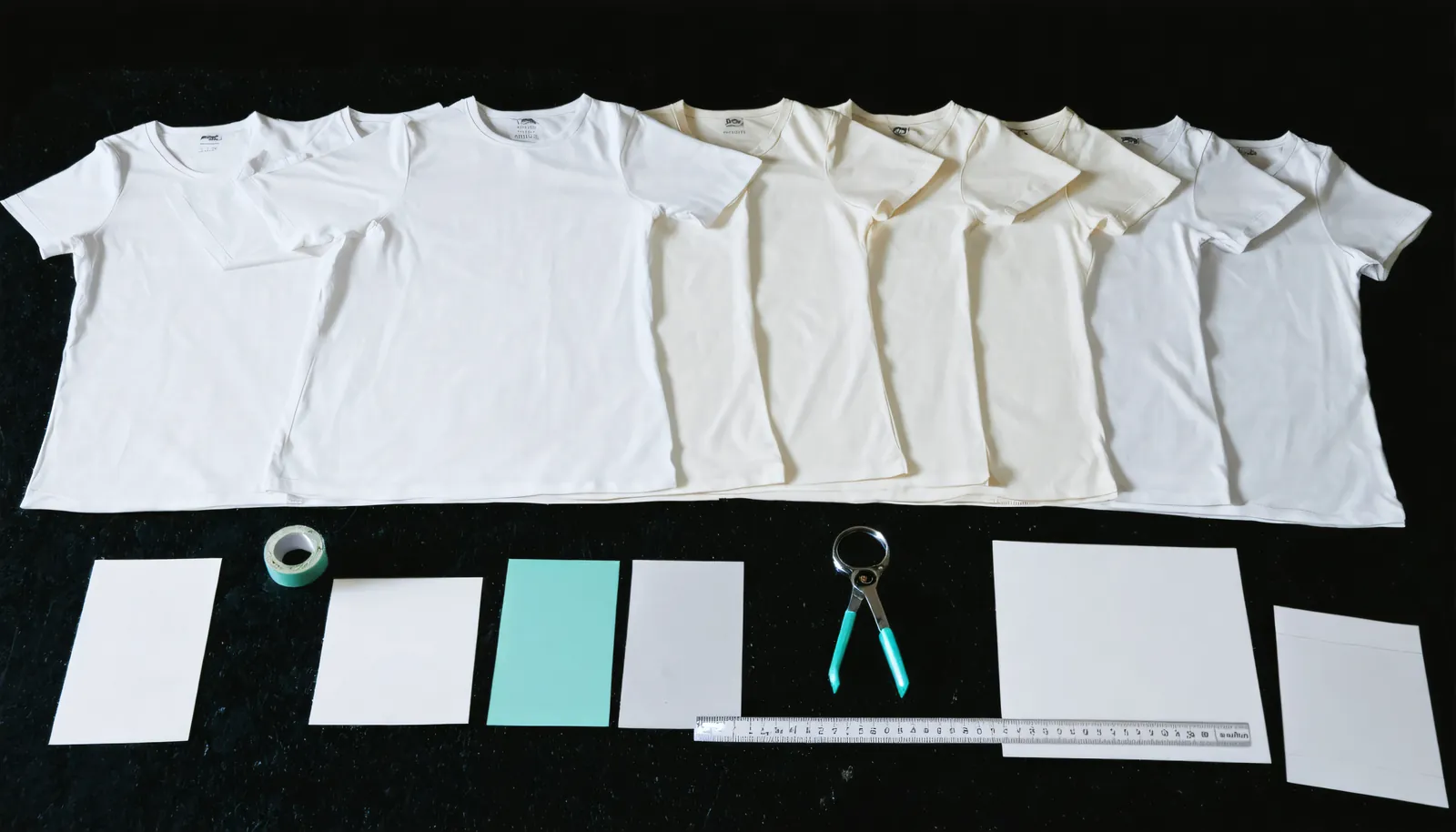 A licensing review table: a run of blank garments laid out with colour chips, a tape measure and a loupe