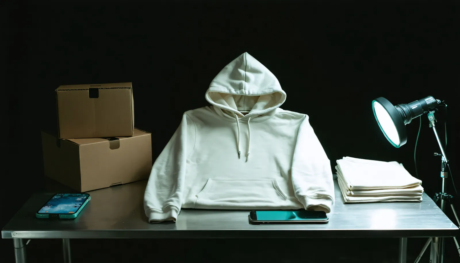 A creator’s studio at night: blank hoodies folded on a steel table, a ring light, and shipping boxes stacked behind