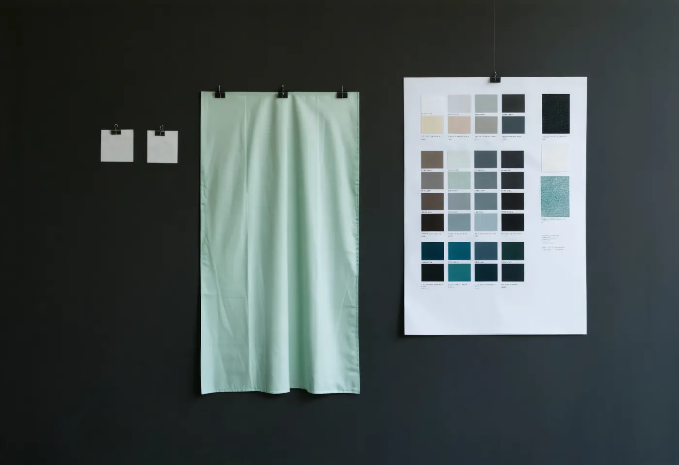 A design review: a garment flat pinned to a dark wall beside colour separations and a swatch card
