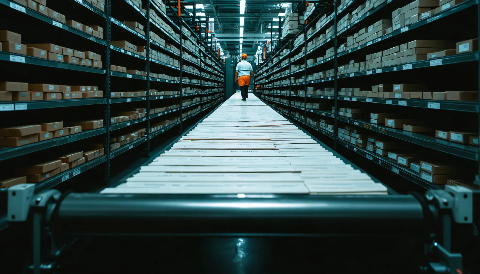 A fulfilment operation at scale: a conveyor of identical mailers between pick shelving