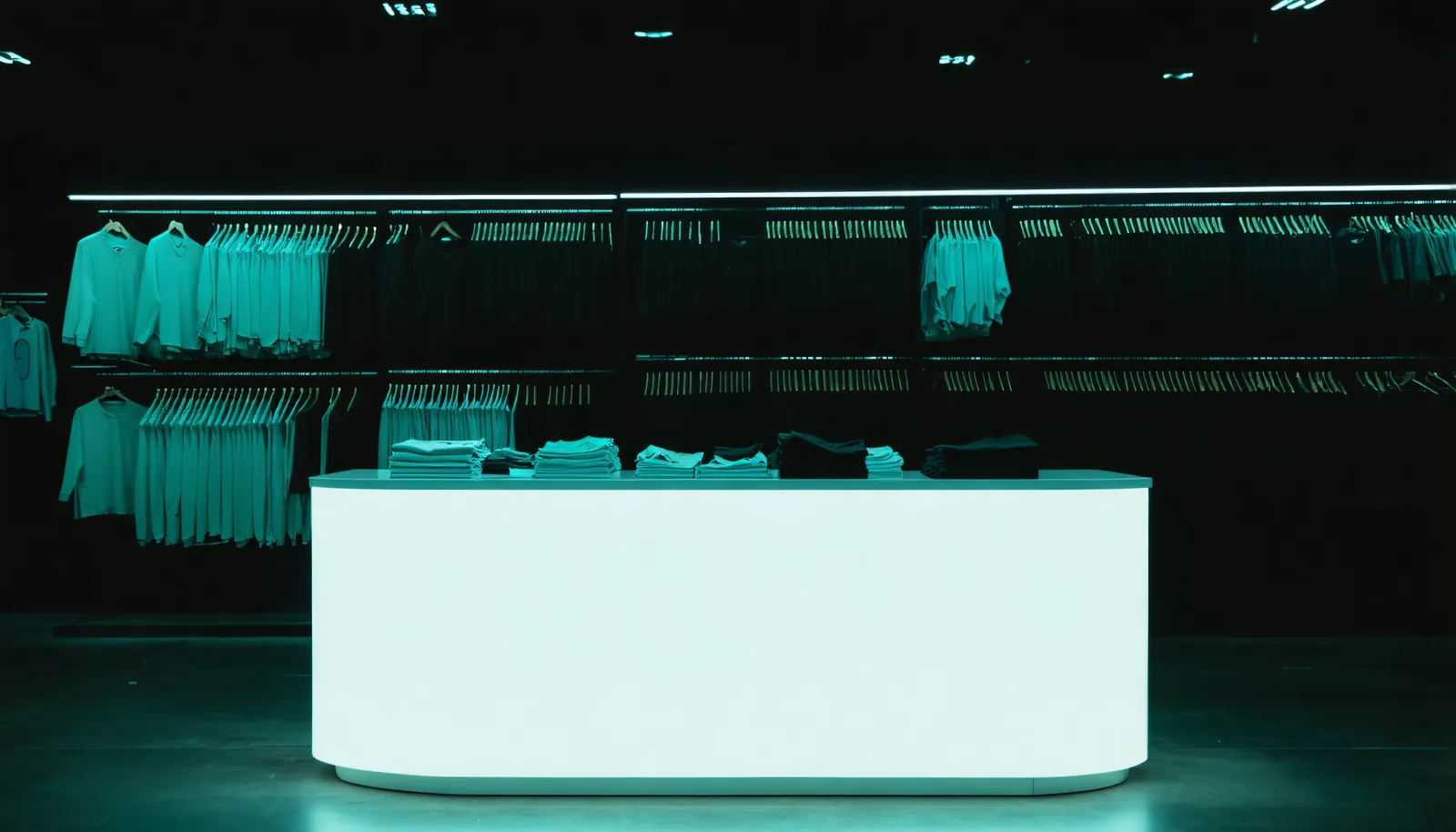 A merchandise stand inside a dark venue before doors, rails of folded garments under a strip light