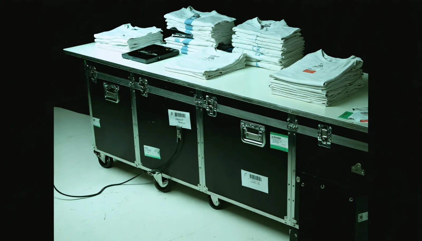 A tour merchandise table backstage: flight cases, stacks of folded shirts and a card reader