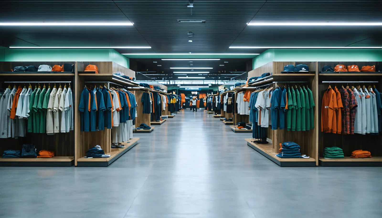 An arena retail concourse before a game, garments on rails under cool overhead light