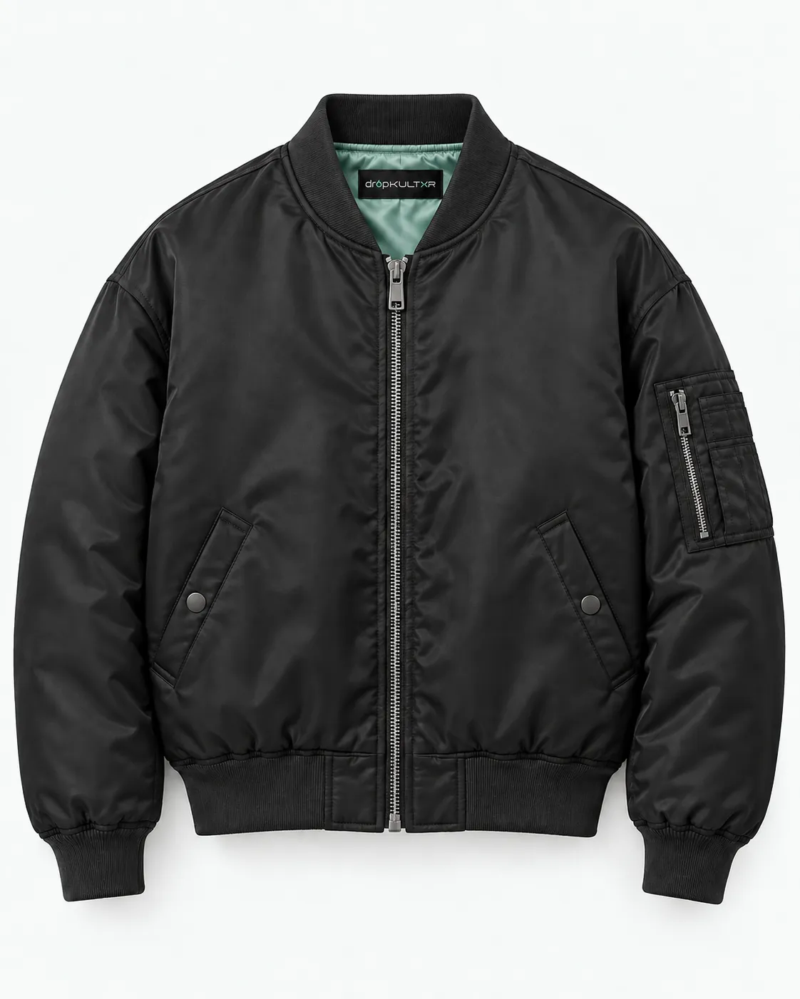 Concept garment: a black nylon bomber jacket with a mint lining and a sleeve utility pocket, branded only on the neck label