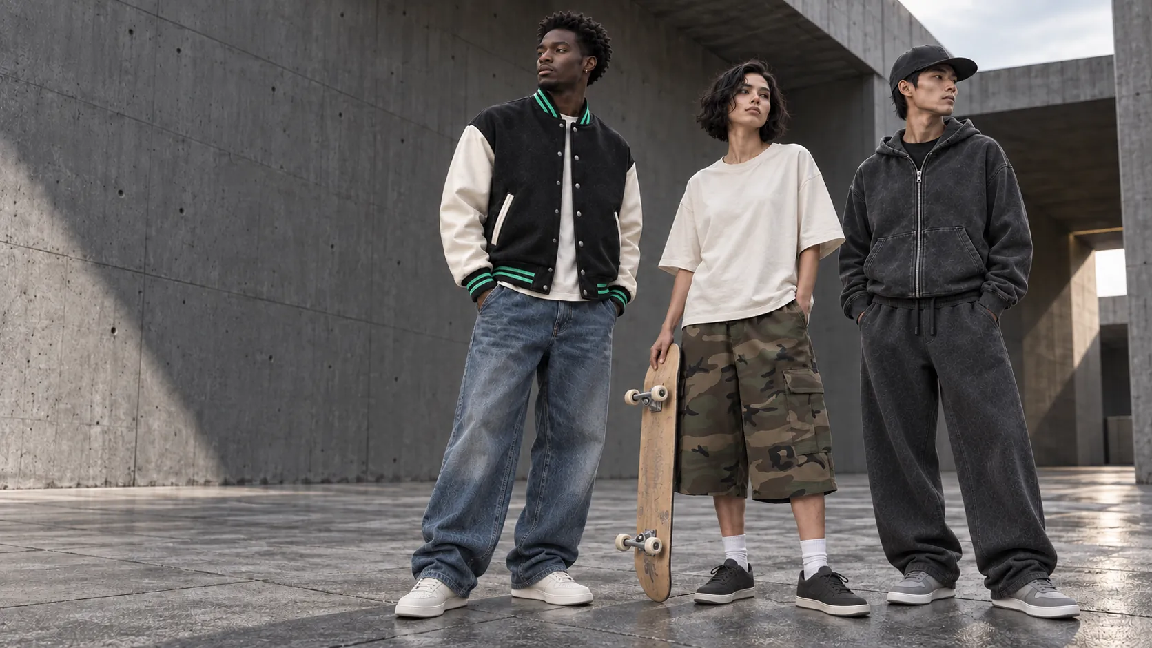 Three people against raw concrete in unbranded blanks: a charcoal and bone letterman jacket, an oversized bone tee with camo cargo shorts, and a washed charcoal zip hoodie with a black cap