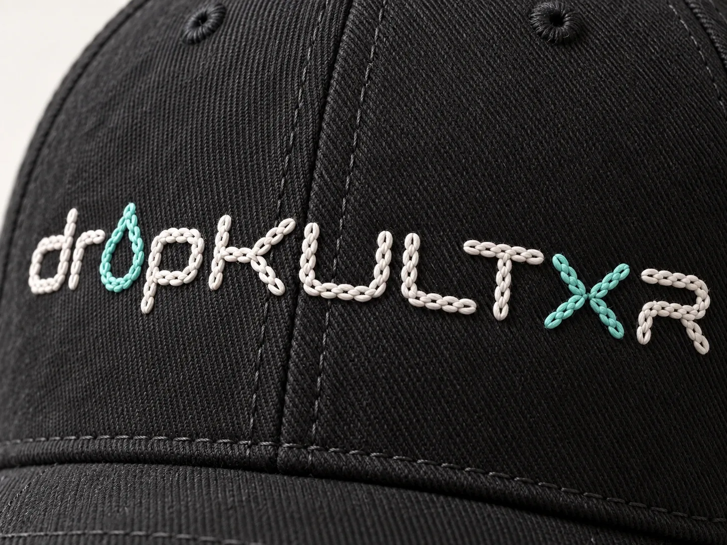 Close detail of the lighter-weight dropKULTXR embroidery on black twill