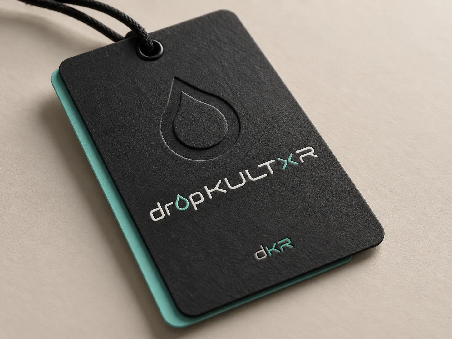 Concept detail: a black hangtag with a debossed teardrop, the dropKULTXR wordmark, a dKR mark and a mint edge