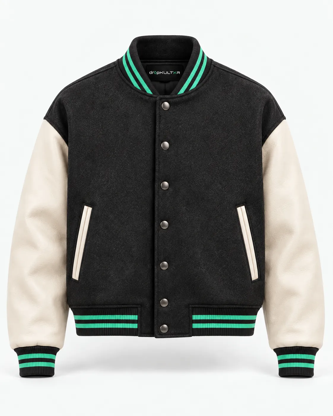 Concept garment: a charcoal wool letterman jacket with bone leather sleeves, snap front and mint striped ribbing, branded only on the neck label